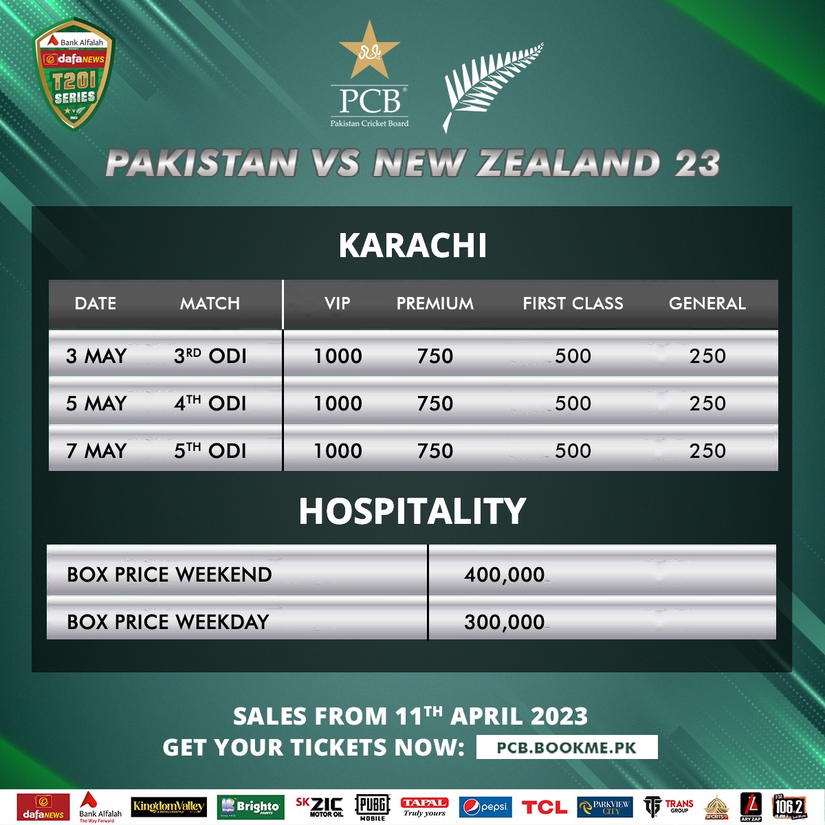 Tickets for Pak v NZ matches in Rawalpindi and Karachi to go on sale tomorrow Press Release PCB