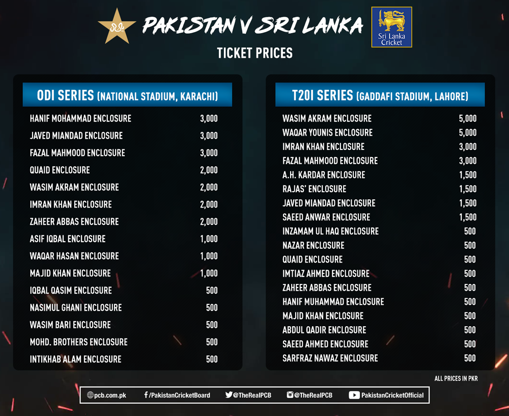 Ticket prices for Pakistan-Sri Lanka series announced Press Release PCB