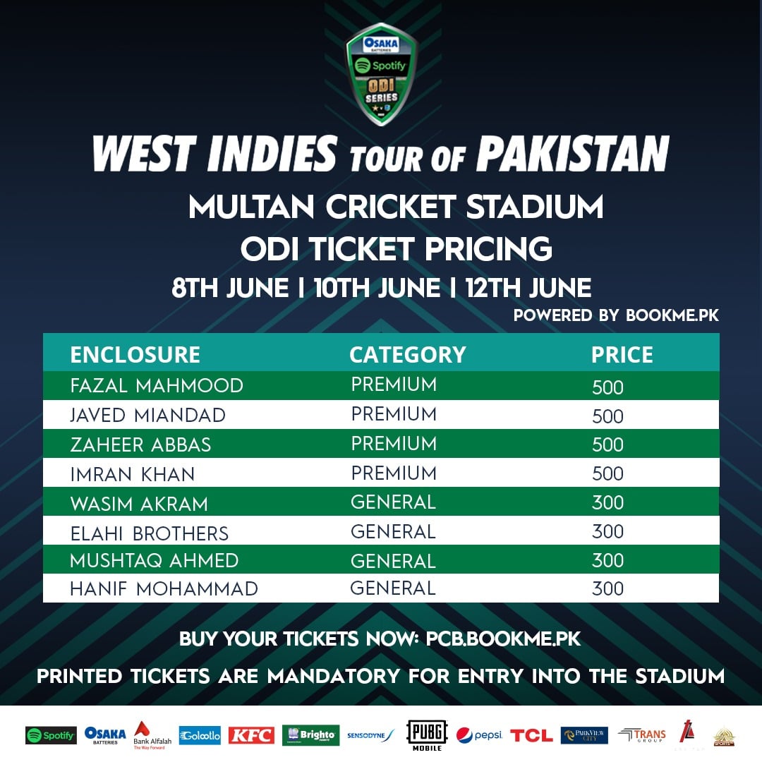 PCB announces affordable ticket prices for Pakistan v West Indies ODIs Press Release PCB