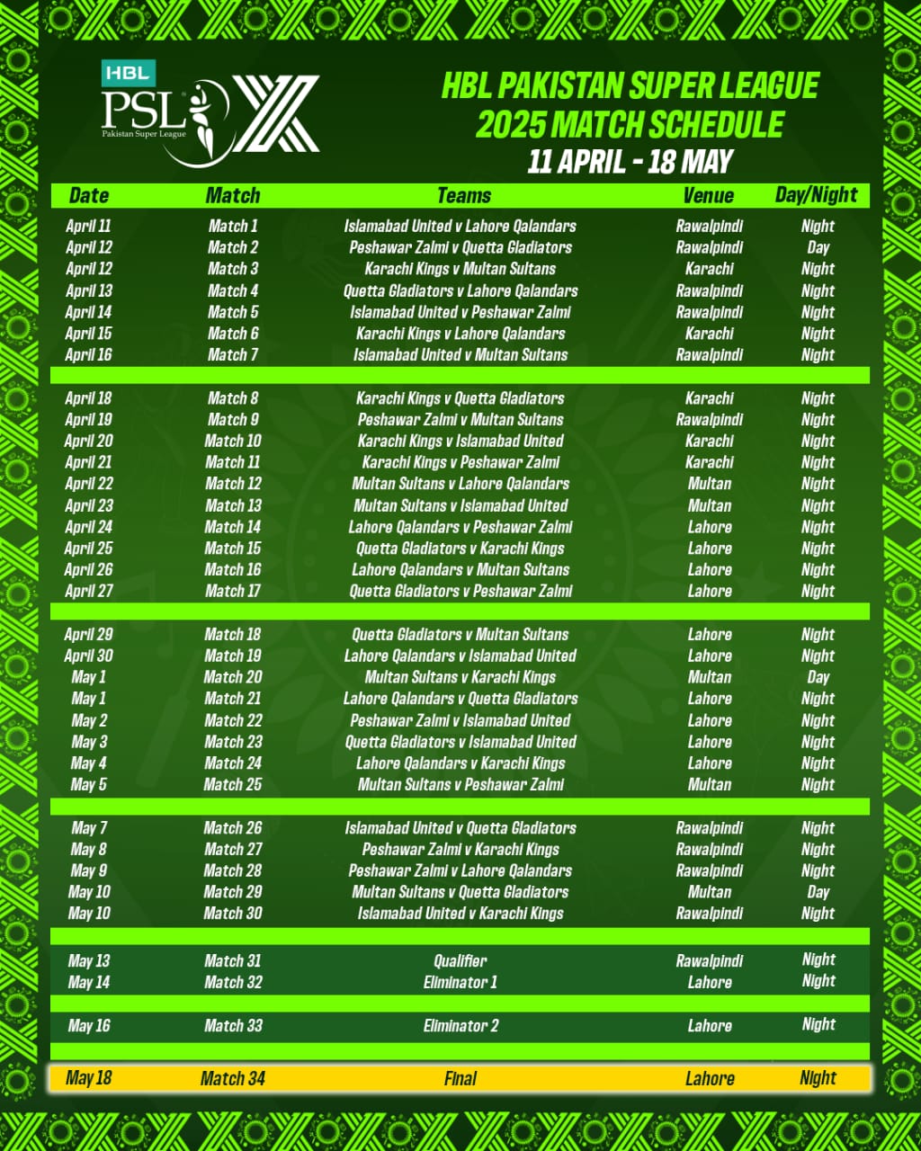 HBL PSL X to commence from 11 April