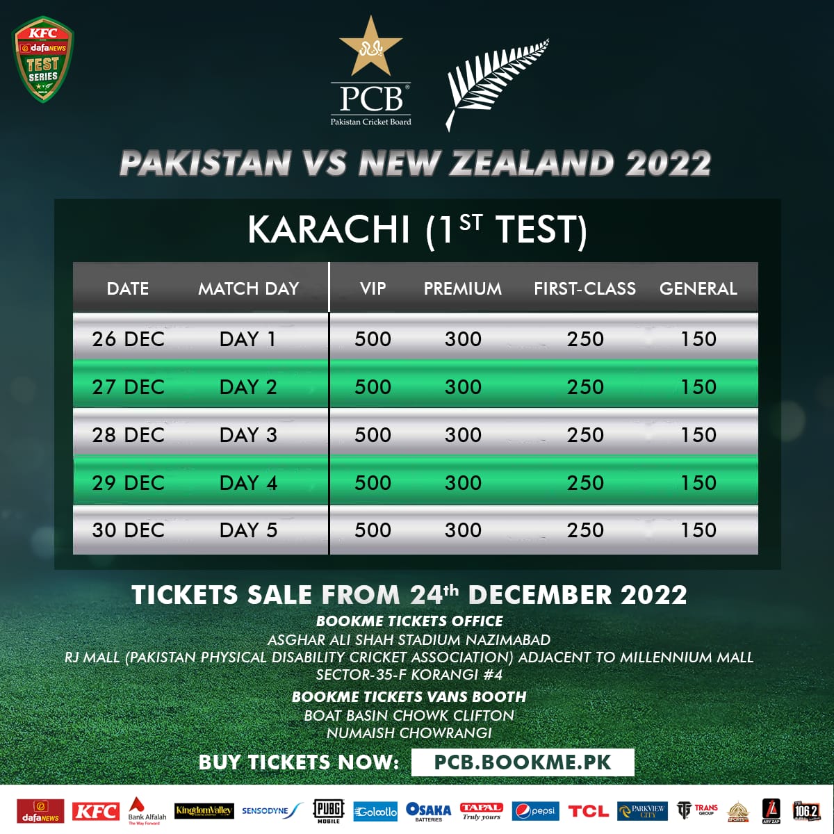 Tickets for Pak v NZ Test go on sale Press Release PCB