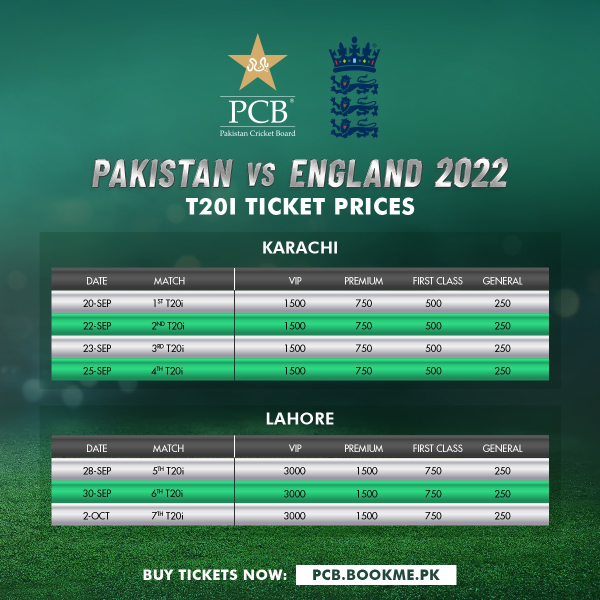 PCB announces ticket prices for Pakistan v England T20I series | Press