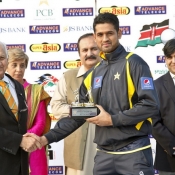 Chairman PCB Mr Shahrayar Khan giving Man of the Match award to Mohammad Talha