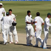 Pakistan team celebrate after winning the 1st Test against New Zealand