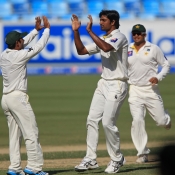 Rahat Ali celebrates the wicket of Tom Latham