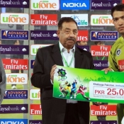 Multan Tigers Sohaib Maqsood receives Man of the Match award in Faysal Bank Super Eight T20 Cup match against Falcons