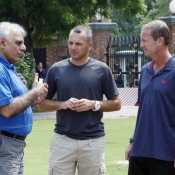 Haroon Rasheed in discussion with Pakistan batting coach Grant Flower and Fielding Coach cum Trainer Grant Luden at NCA Lahore