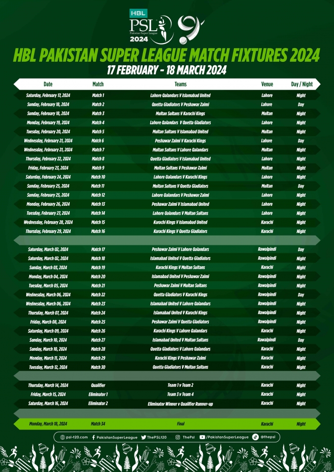 PSL Schedule and Fixtures