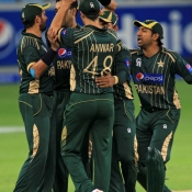 Umar Gul celebrates the wicket of Latham