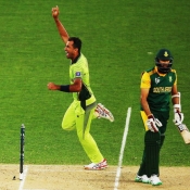 Wahab Riaz celebrates the wicket of Amla