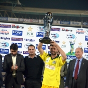 Khyber Pakhtunkhwa Fighters captain Junaid Khan lifts the winning Trophy