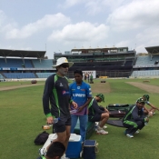 Misbah-ul-Haq with his teammates during practice session