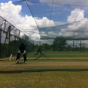 Pakistan A batsmen batting in the nets during practice session