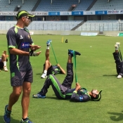 Mohammad Hafeez, Sami Aslam and Junaid Khan during practice session