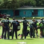Team Pakistan standing in a cluster prior to the nets