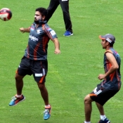 Ahmed Shehzad playing football during practice session at M Chinnaswamy Stadium, Bangalore