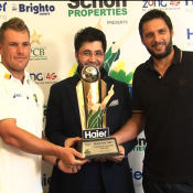 Shahid Afridi and Aaron Finch unveiling of Twenty20 trophy for the series in UAE