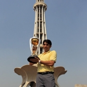 The Team Pakistan captain Misbah-ul-Haq holds the ICC CWC 2015 Trophy at Minar-e-Pakistan