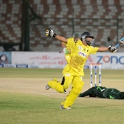 Peshawar Panthers Mohammad Fayyaz celebrates after played a winning shot against Leopards