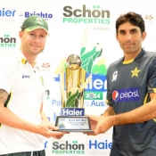 Misbah-ul-Haq and Michael Clarke are unveiling the Test-series Trophy