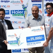 Sialkot Stallions Ali Khan receives man of the match in Bank Albaraka Presents Haier T20 Cup match against Larkana Bulls