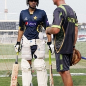 Grant Flower with Misbah-ul-Haq on day one of training camp for Pakistan tour to Sri Lanka