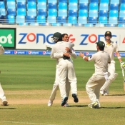 Pakistan team players celebrate the wicket of Brad Haddin on the final day of the 1st Test at Dubai