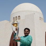 Javed Miandad with ICC world Cup Trophy 2015 at Mizar-e-Quaid, Karachi