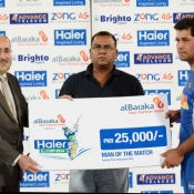 FATA Cheetas Asif Afridi receives Man of the match award in Bank Albaraka Presents Haier T20 Cup match against Karachi Zebras