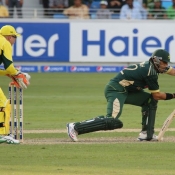 Misbah-ul-Haq defends the ball