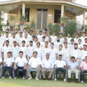 Participants of the PCB Natinal Cricket Skill Consultant Programme withLegendary players and PCB consultants Sarfraz Nawaz, Abdul Qadir and Ijaz Ahmed and Islamabad Region President Shakil Shaikh here on Saturday at Diamond Cricket Club Ground Islamabad.