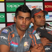 Umar Akmal and Mohammad Hafeez during press conference after winning the match against Mumbai Indians