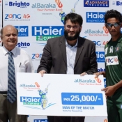 Islamabad Leopards Raza Hasan receives Man of the match award in Bank Albaraka Presents Haier T20 Cup match against AJK Jaguars