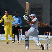 Sialkot Stallions Shakeel Ansar plays a pull shot on the last ball in the 1st Semi Final against Peshawar Panthers