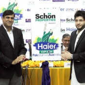 COO PCB Subhan Ahmad, CEO Haier Pakistan, Mr. Javed Afridi,  and Schon brothers of Schon Properties unveiling the official logo for the home series against Australia