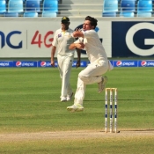 Yasir Shah about to delivers the ball on the final day of the 1st Test at Dubai