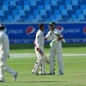 Younis Khan congratulates Ahmed Shehzad for his century against Australia on day 4 of 1st Test between Pakistan and Australia at Dubai