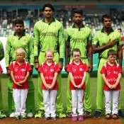 Pakistan team lined up for their National Anthem