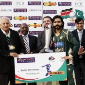 Pakistan A captain Fawad Alam receives winning cheque and trophy from Chairman PCB Mr. Shaharyar M. Khan