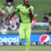 Rahat Ali celebrates the wicket of Amjad Ali
