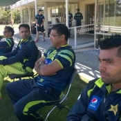 New Look Umar Akmal along with Waqar Younis, Mohammad Hafeez & Media Manager Amjad Bhatti during practice match against New Zealand Board President's XI at Bert Sutcliffe Oval