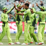 Sohail Khan celebrates the wicket of Wilson